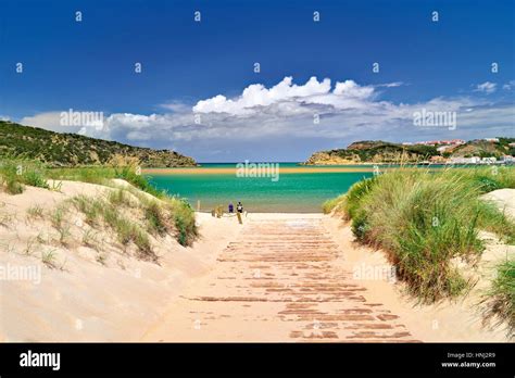 Portugal: Way and view to sand beach Praia da Concha de Sao Martinho do ...