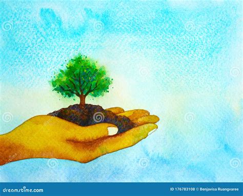 Save Earth Symbol Tree in Hand Watercolor Painting Illustration Design ...