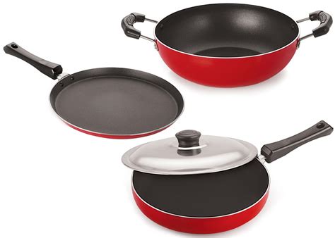 Aluminium Red and Black 3 Pcs Nonstick Cookware Set, Capacity: 2 L ...