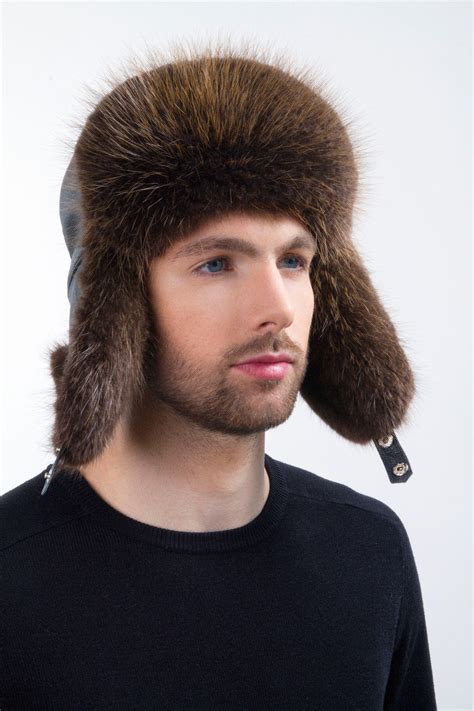 Natural Beaver Fur Ushanka Hat Leather Top Trapper Hat For a Men's ...