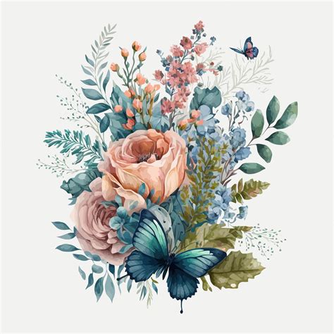 Premium Vector | Watercolor floral bouquet illustration with butterfly ...