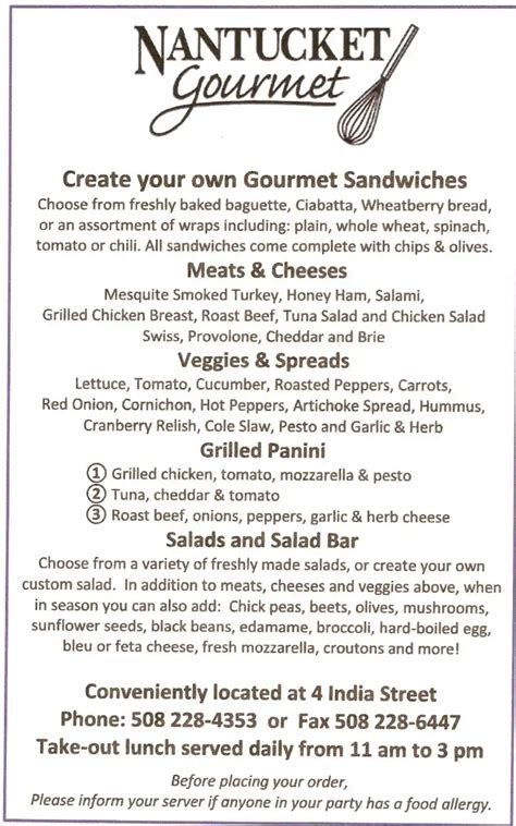 Nantucket Gourmet Menu, Menu for Nantucket Gourmet, Town, Cape Cod ...