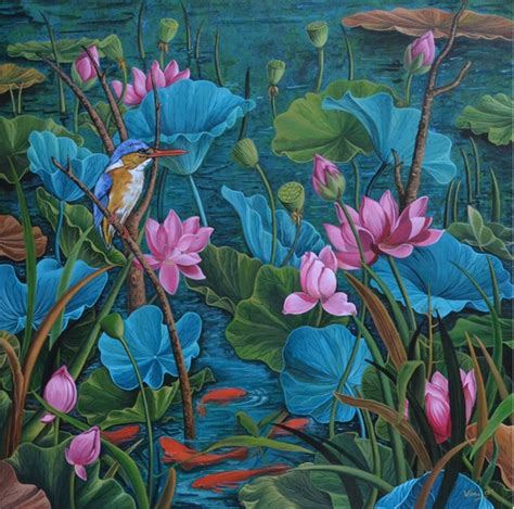 Lotus pond painting | lotus pond acrylic painting | www.daughtor.com