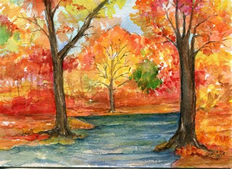 Original Autumn Landscape Watercolor Painting Fall Leaves | Etsy