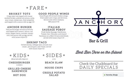 Menu at Anchor pub & bar, Orange Beach