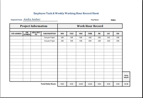 Employee Weekly Working Hour Record Sheet | Excel Templates