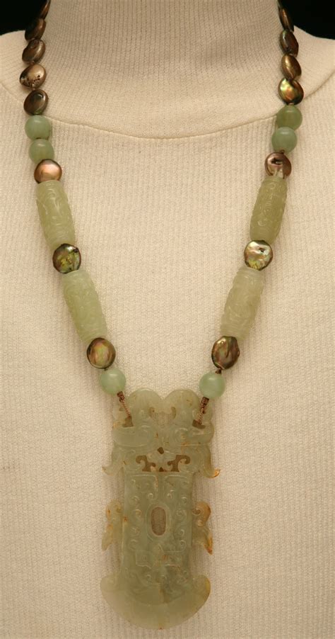 Hand Carved Jade Pendant with Hand Carved Jade Tube Beads and Pearls ...