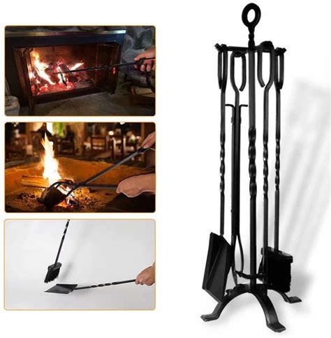 5 Pce Fireplace Tools Tool Set Wrought Iron Fire Set Fire Place Pit ...