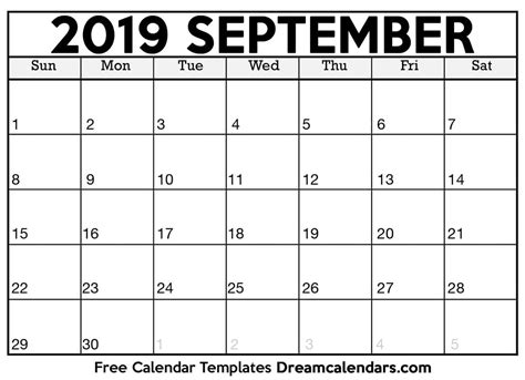 September 2019 Calendar - Free Printable with Holidays and Observances