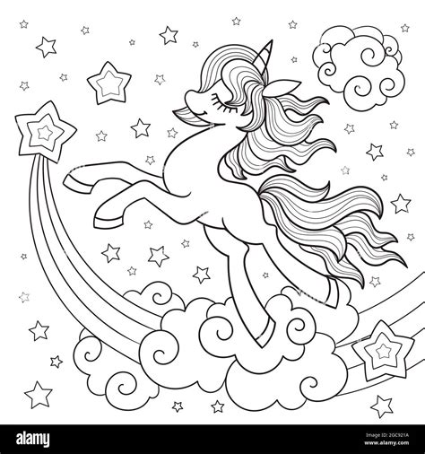 Magic unicorn pony with a star. Linear black and white drawing. Vector ...