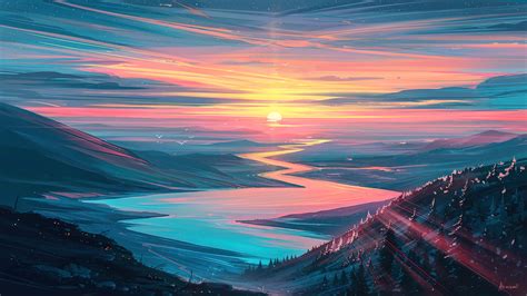 sunset, scenery, river, digital art, 4k, pc, HD Wallpaper | Rare Gallery