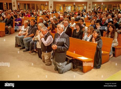 The congregation kneels in prayer during mass at St. Timothy's Stock ...