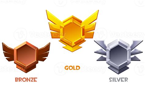 Set of game rank icons isolated. Bronze, silver and gold game badges ...