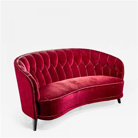 Swedish burgundy red velvet Art Deco sofa