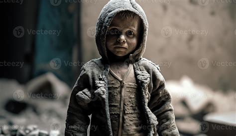 homeless children of war victims, small children with sad expressions ...