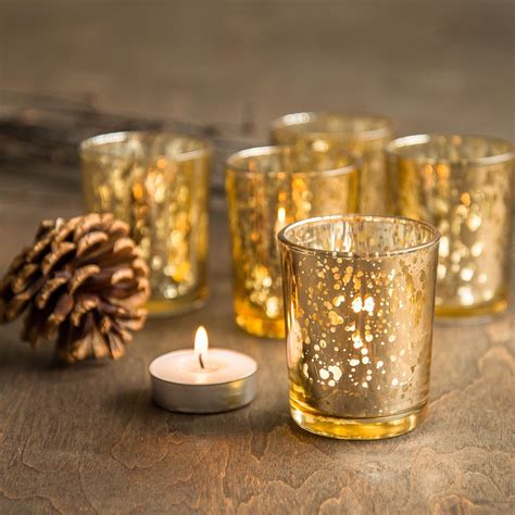 SET OF 12 Gold Mercury Glass Candle Votive Mercury Glass Bulk Tea Light ...