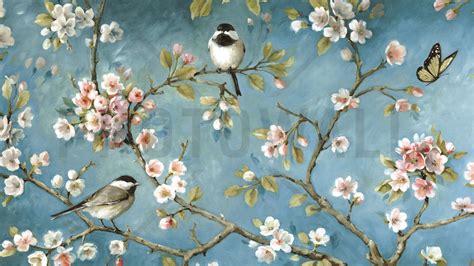 Blue Wall Birds Leaves Flowers Background Chinoiserie HD Chinoiserie ...