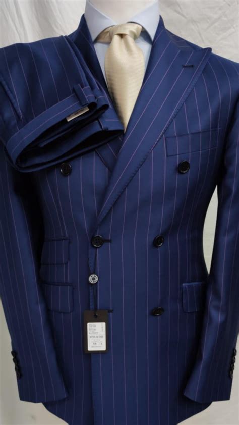 Blue pinstripe super 180 Tombojlini double breasted wool suit with wide ...