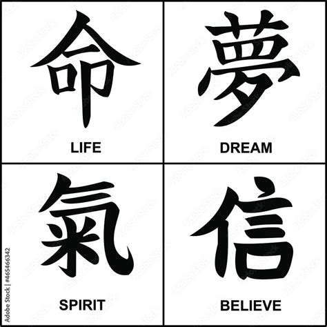 Japanese kanji calligraphy words are translated as life, dream, spirit ...