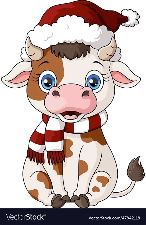 Cute cow cartoon wearing santa hat Royalty Free Vector Image