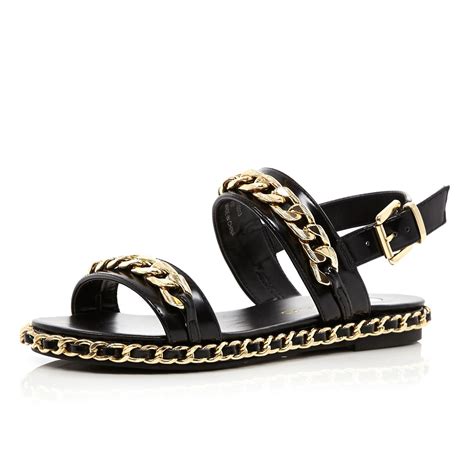 River Island Black Gold Tone Chain Sandals in Gold (black) | Lyst