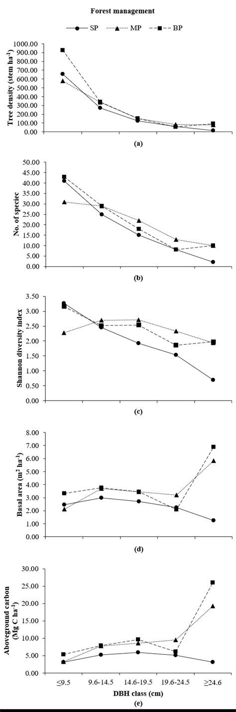 Distribution of trees in DBH classes affects tree density (A), number ...