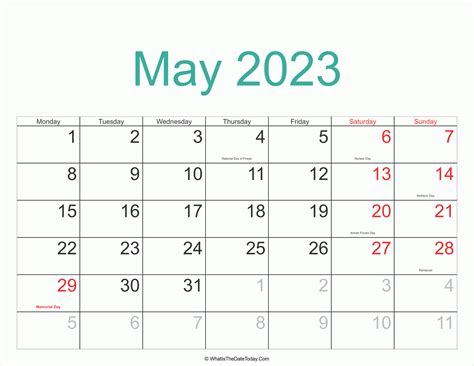 May 2023 Calendar Printable with Holidays | Whatisthedatetoday.Com