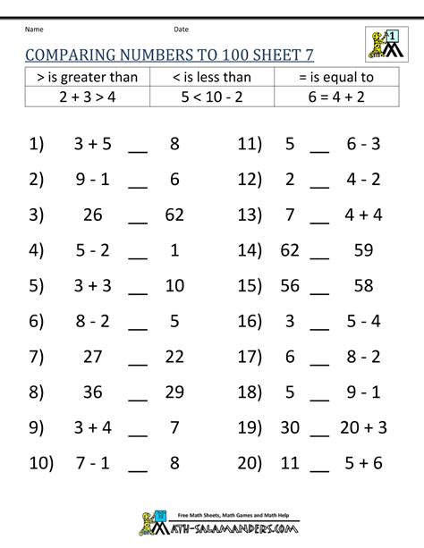 Greater than Less than Worksheet - Comparing Numbers to 100