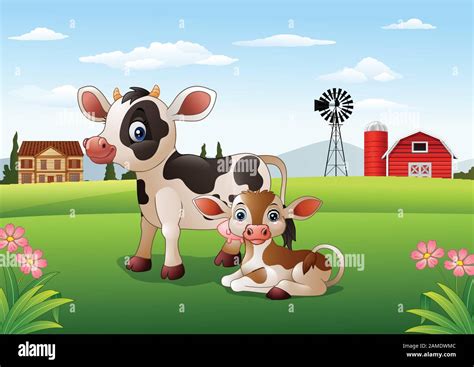 Cartoon cow and calf with farm background Stock Vector Image & Art - Alamy