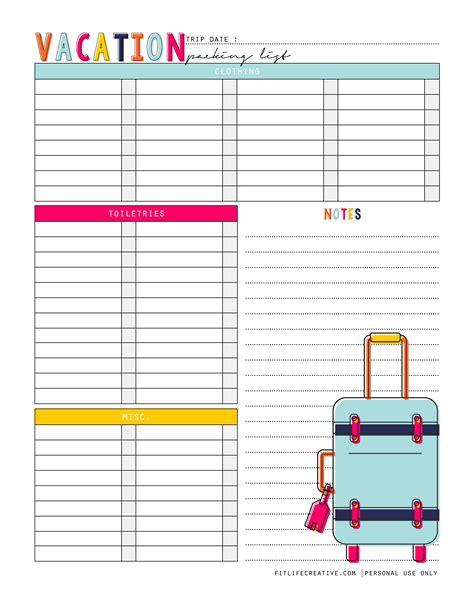 Downloadable Free Printable Vacation Planner Template