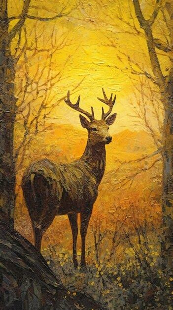 Premium Photo | Painting of a deer in the forest at sunset oil on canvas