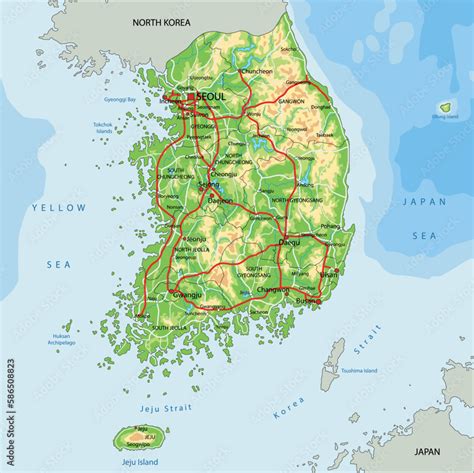 Highly detailed South Korea physical map with labeling. Stock Vector ...