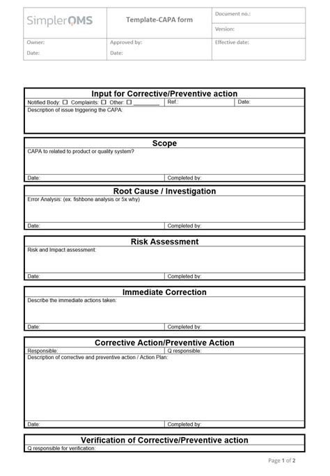 Corrective and Preventive Action (CAPA) Form Template - SimplerQMS