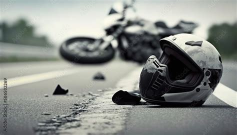 Motorcycle crash road accident with broken motorbike and helmet. City ...