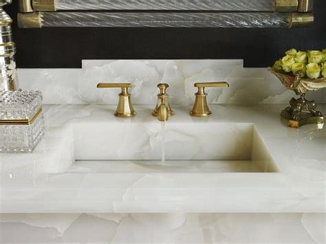 White Onyx Countertop with Brass and Glass Mirror - Transitional ...