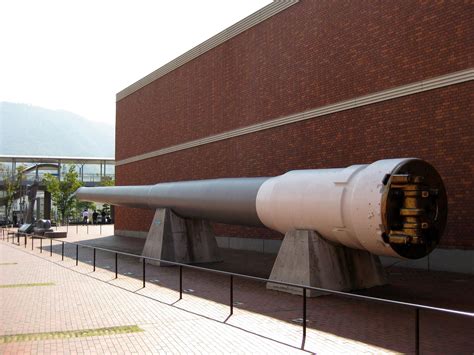 A 16.14 inch gun (41cm) from the Japanese battleship 'Mutsu' on display ...