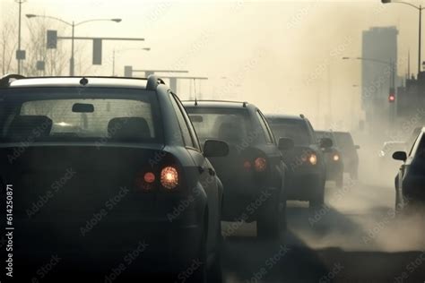 Back view cropped image of cars are driving a city with smoke rising ...