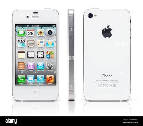 White iPhone 4s Apple smartphone shown from three sides, front, back ...