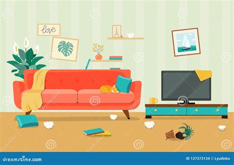 Messy Living Room Interior. Furniture: Sofa, Bookcase, Tv, Lamps Stock ...