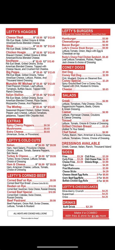 Menu at Lefty's Cheesesteak restaurant, Southgate