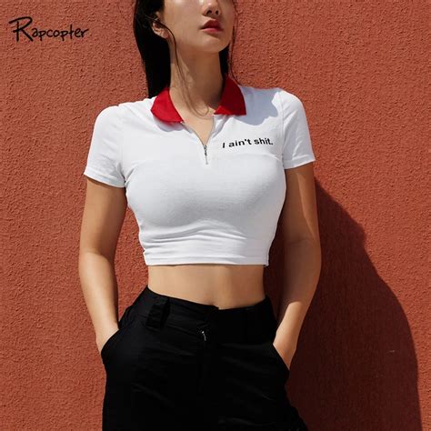 Rapcopter Women White Cropped Turn down Collar t shirt Summer Slim ...