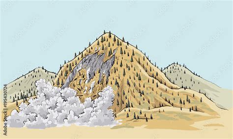 A cartoon landslide on a small mountain in the remote wilderness. Stock ...