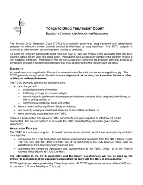 Eligibility Criteria - Toronto Drug Treatment Court