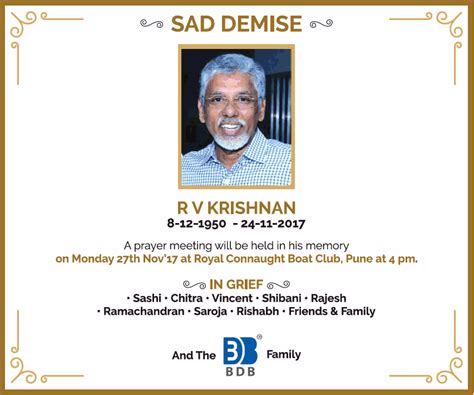 Sad Demise Rv Krishnan A Prayer Meeting Will Be Held In His Memory On ...