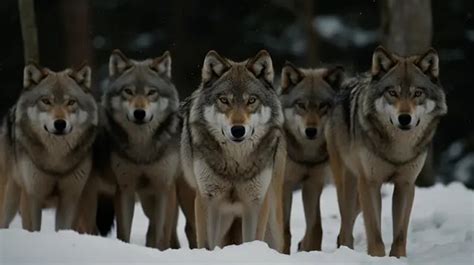 Fundo Matilha De Lobos Em Pé Na Neve Com Muitas Patas Para Cima Fundo ...