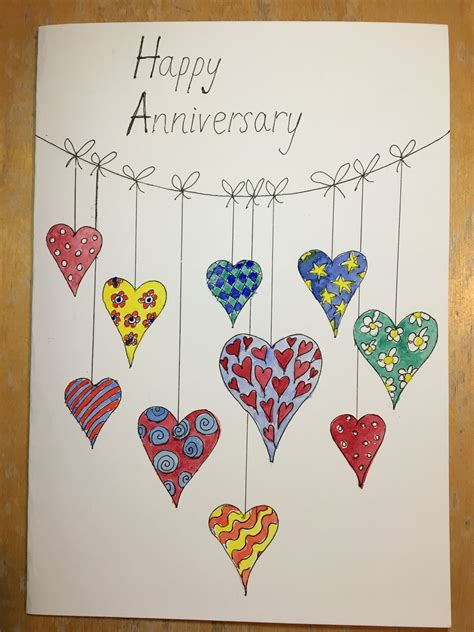 Anniversary card, doodle hearts bunting, watercolour filled line ...