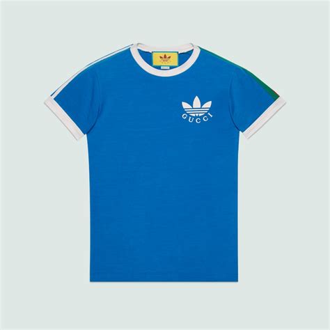 adidas x Gucci T-Shirt mit Trefoil-Print in blau | GUCCI® DE