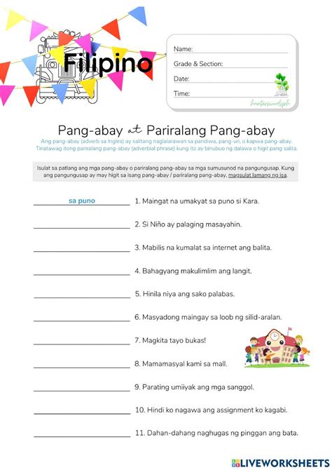 Pang-abay at Pariralang Pang-abay - HuntersWoodsPH.com Worksheet ...