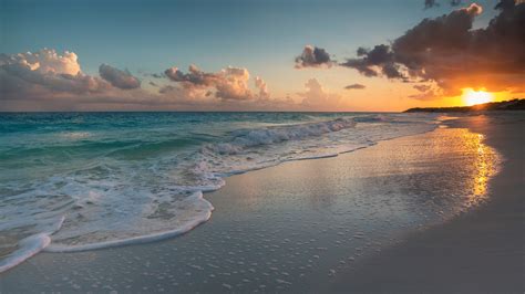 Ocean Waves Beach Sand Under White Clouds Blue Sky During Sunset HD ...