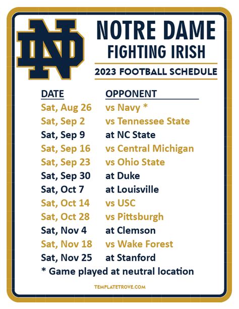 Printable 2023 Notre Dame Fighting Irish Football Schedule